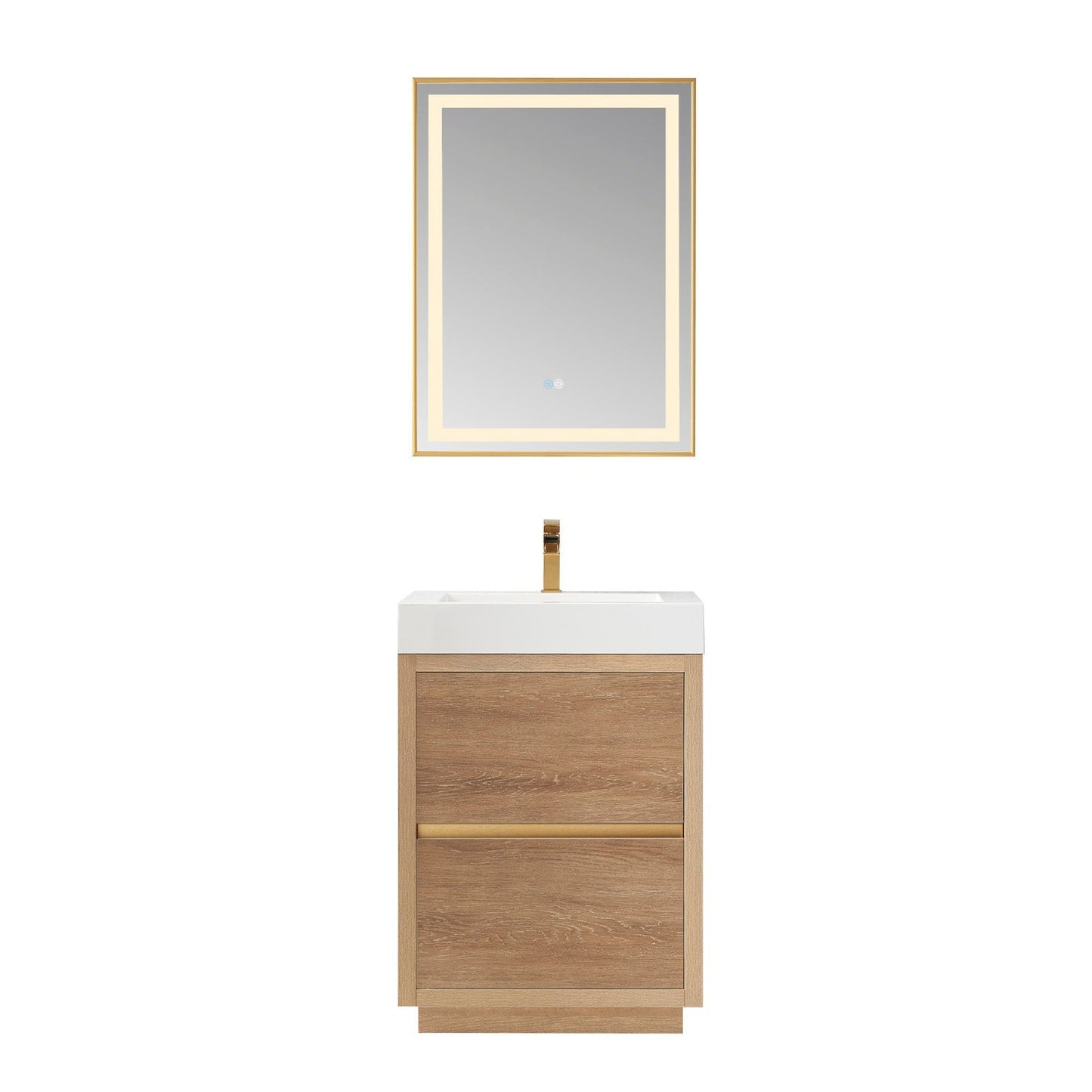 Vinnova Huesca 24" Single Sink Bath Vanity In North American Oak With White Composite Integral Square Sink Top And Mirror