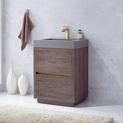 Vinnova Huesca 24" Single Sink Bath Vanity In North Carolina Oak With Grey Composite Integral Square Sink Top