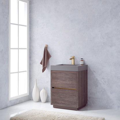 Vinnova Huesca 24" Single Sink Bath Vanity In North Carolina Oak With Grey Composite Integral Square Sink Top
