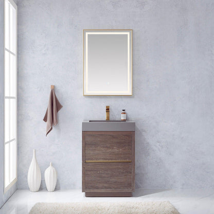 Vinnova Huesca 24" Single Sink Bath Vanity In North Carolina Oak With Grey Composite Integral Square Sink Top And Mirror