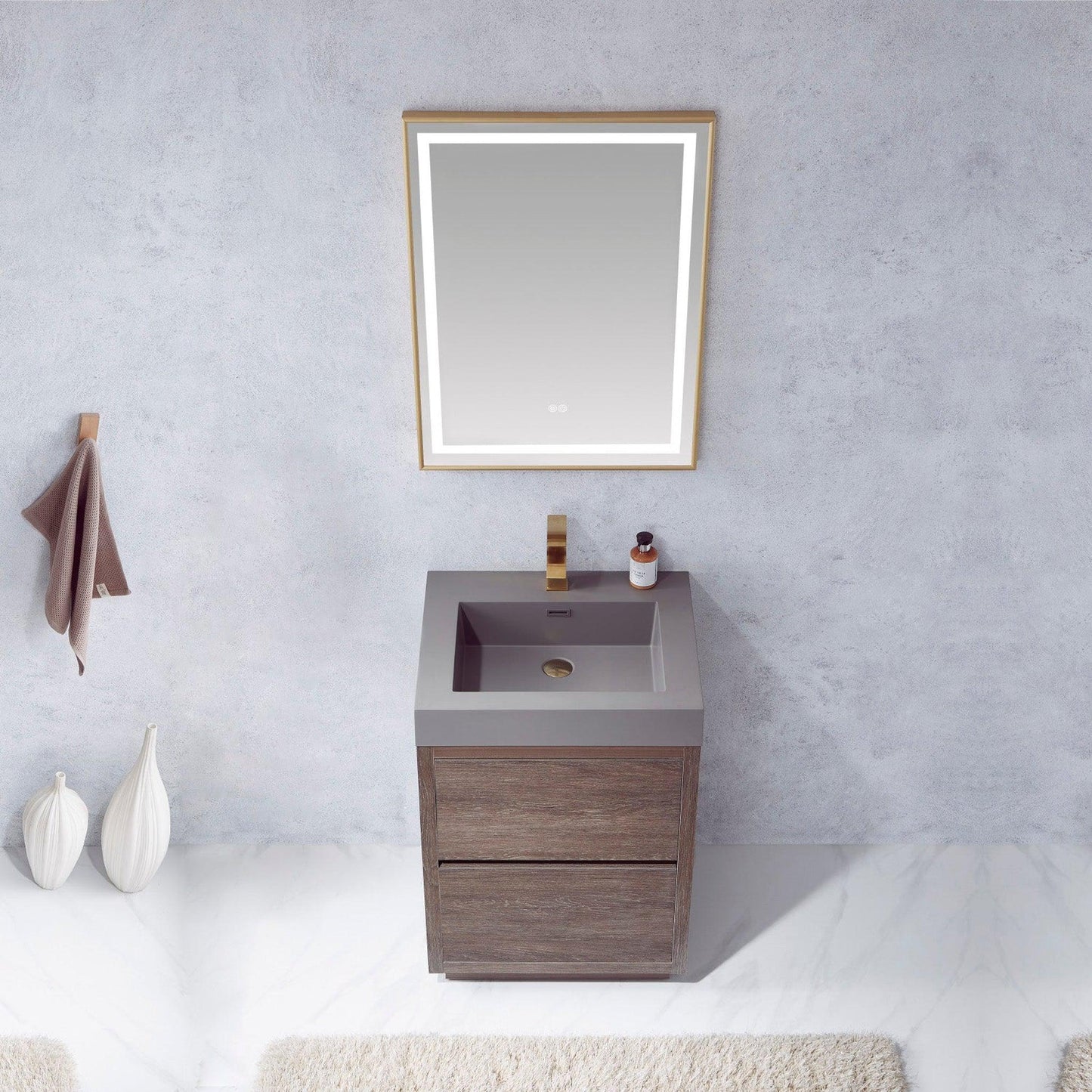 Vinnova Huesca 24" Single Sink Bath Vanity In North Carolina Oak With Grey Composite Integral Square Sink Top And Mirror