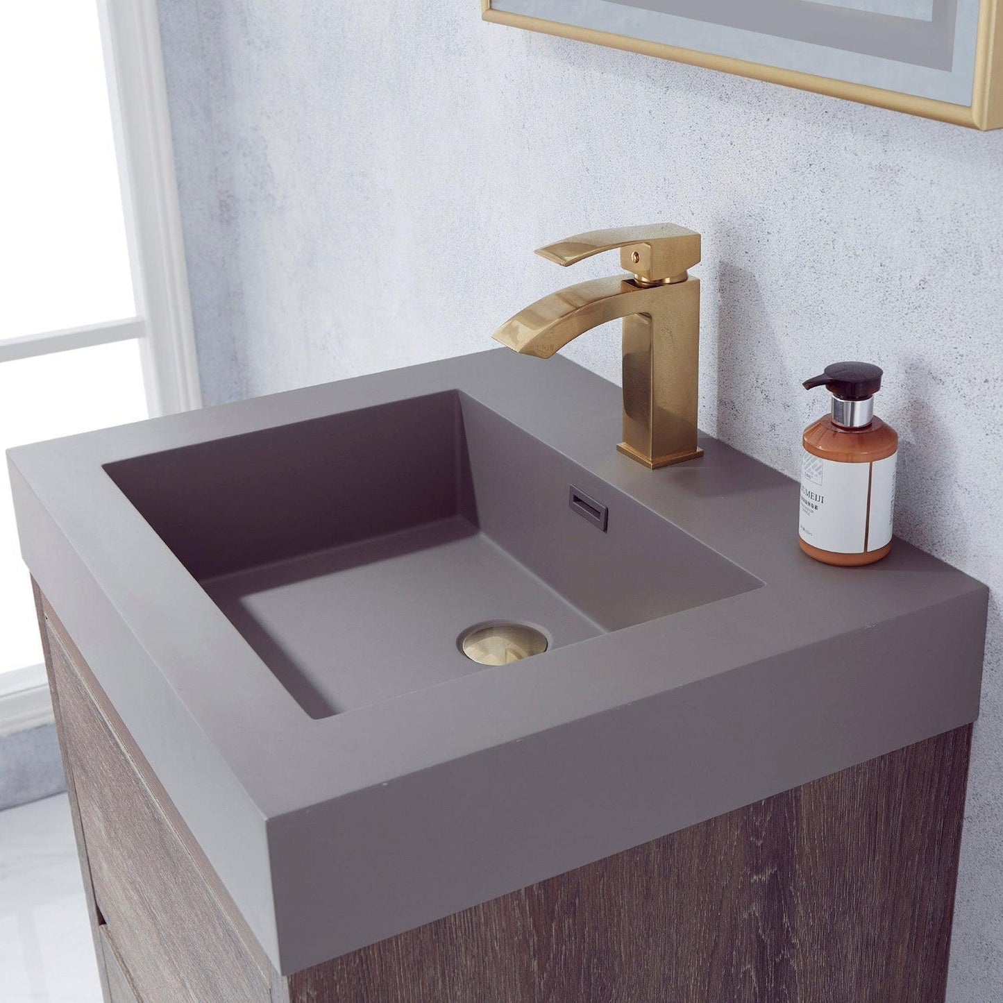 Vinnova Huesca 24" Single Sink Bath Vanity In North Carolina Oak With Grey Composite Integral Square Sink Top And Mirror