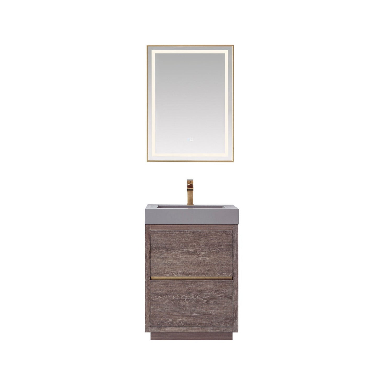 Vinnova Huesca 24" Single Sink Bath Vanity In North Carolina Oak With Grey Composite Integral Square Sink Top And Mirror