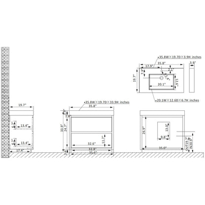 Vinnova Huesca 36" Single Sink Bath Vanity In North American Oak With White Composite Integral Square Sink Top