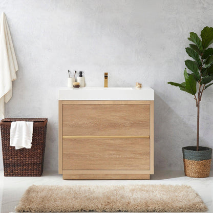 Vinnova Huesca 36" Single Sink Bath Vanity In North American Oak With White Composite Integral Square Sink Top