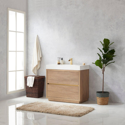 Vinnova Huesca 36" Single Sink Bath Vanity In North American Oak With White Composite Integral Square Sink Top