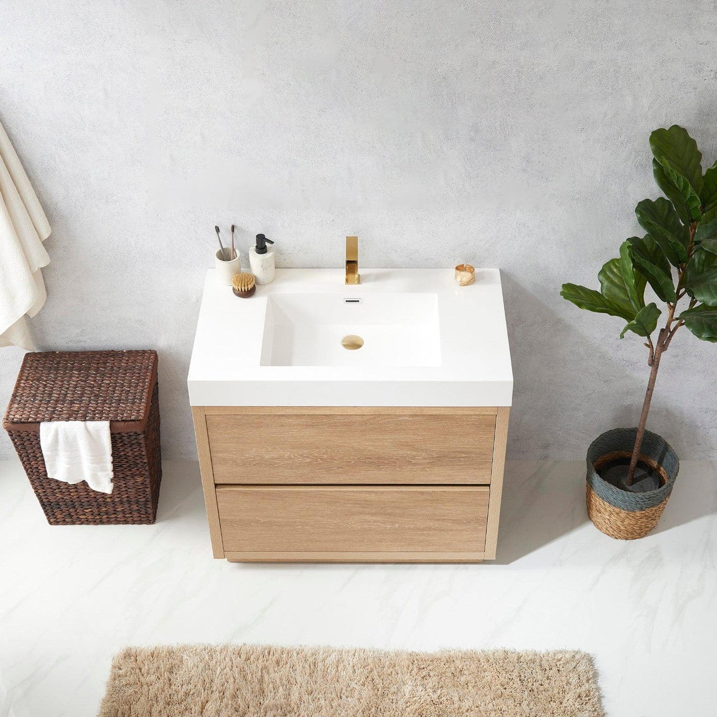 Vinnova Huesca 36" Single Sink Bath Vanity In North American Oak With White Composite Integral Square Sink Top