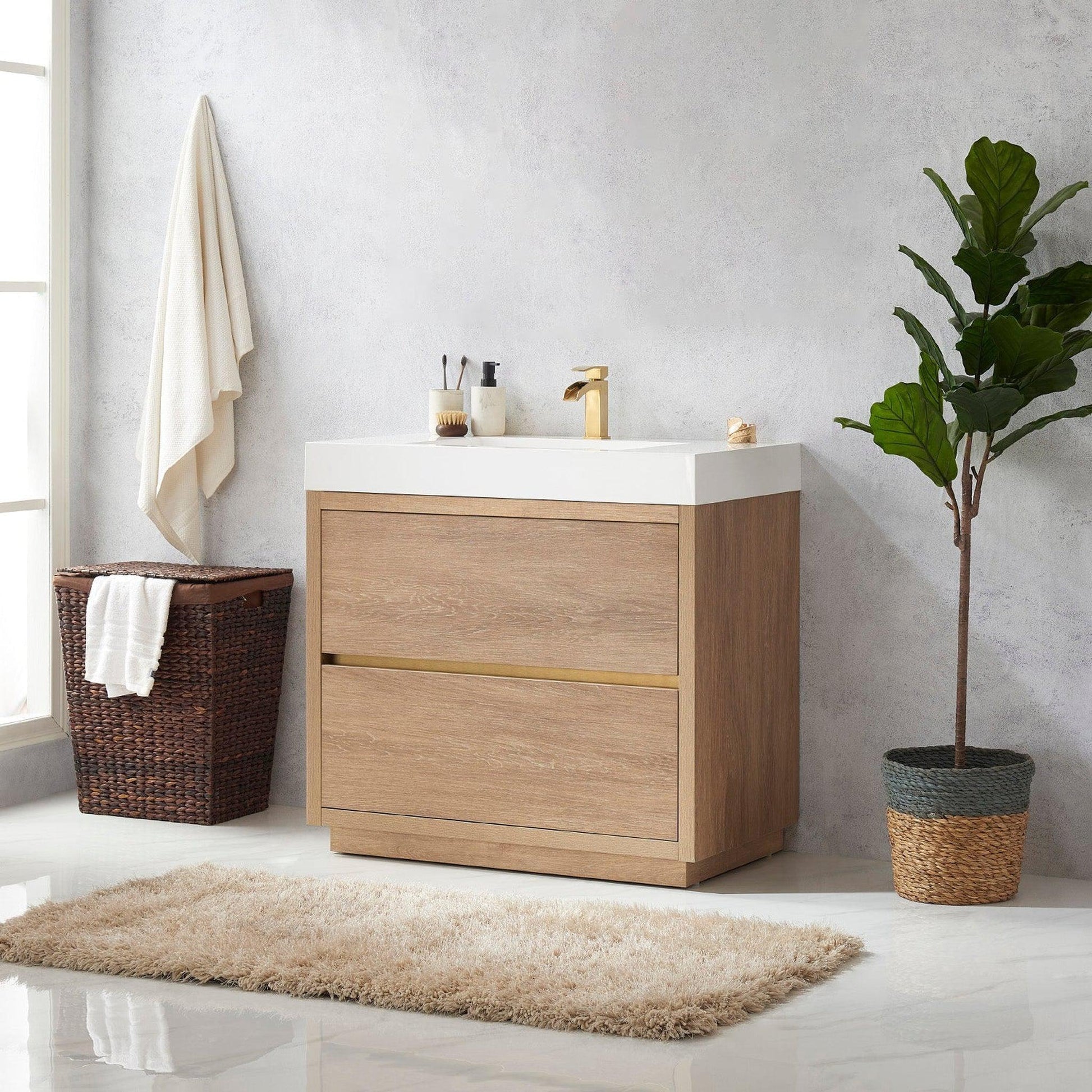 Vinnova Huesca 36" Single Sink Bath Vanity In North American Oak With White Composite Integral Square Sink Top