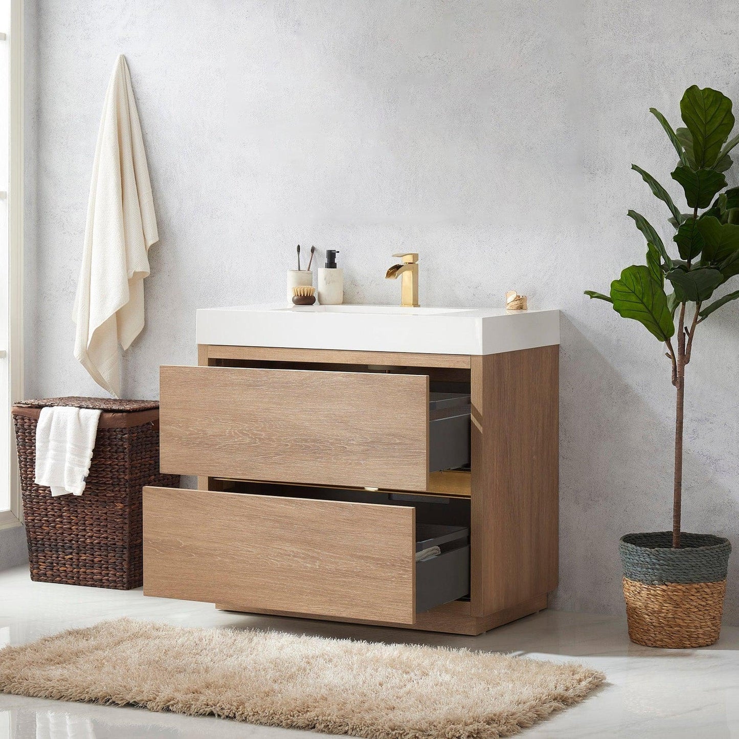 Vinnova Huesca 36" Single Sink Bath Vanity In North American Oak With White Composite Integral Square Sink Top