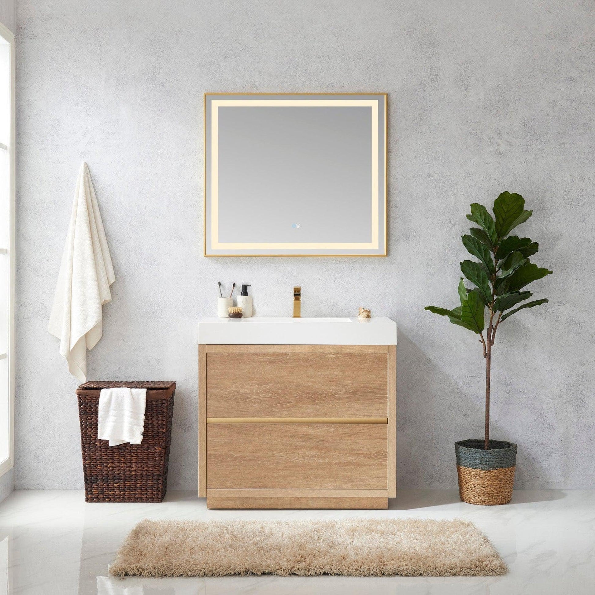 Vinnova Huesca 36" Single Sink Bath Vanity In North American Oak With White Composite Integral Square Sink Top And Mirror