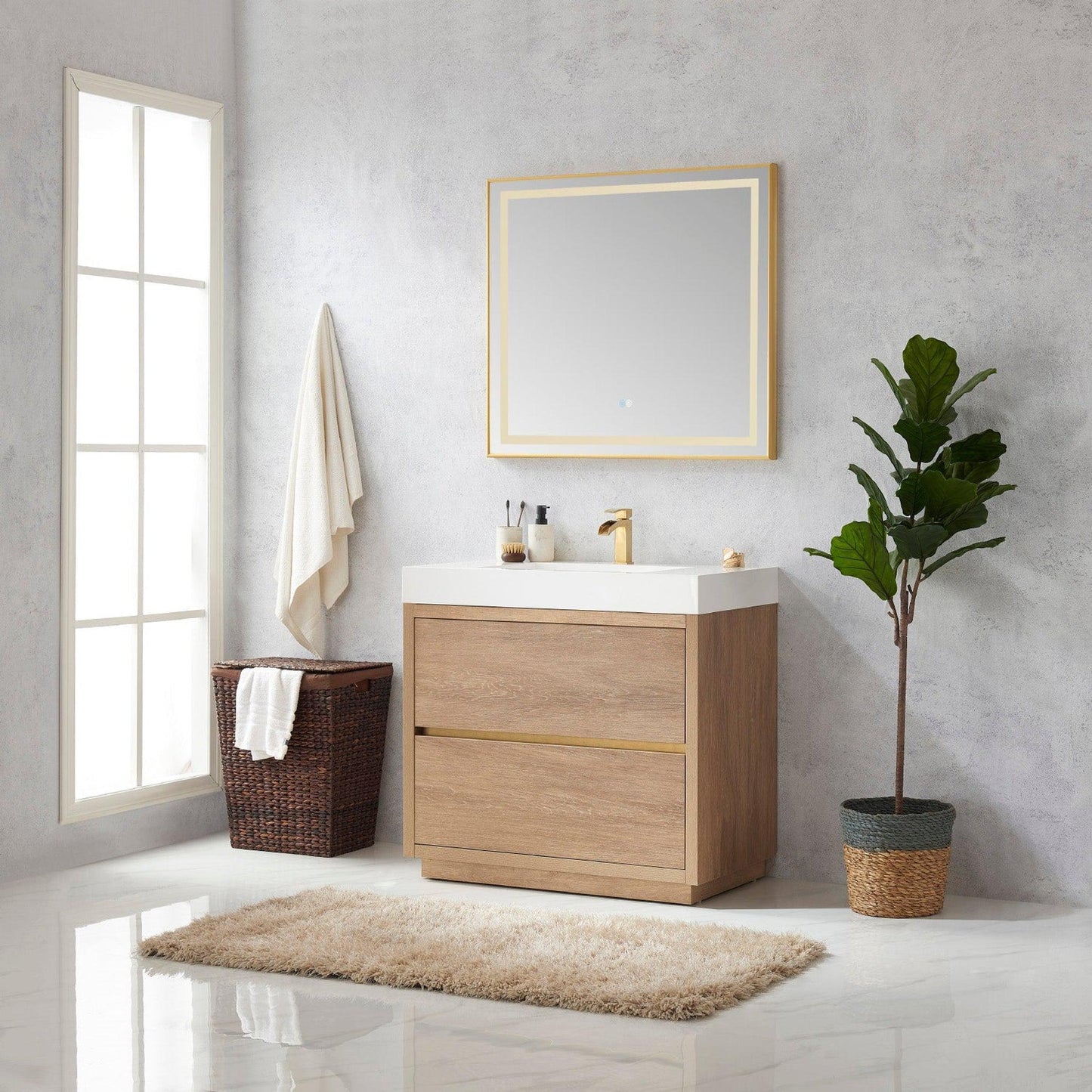 Vinnova Huesca 36" Single Sink Bath Vanity In North American Oak With White Composite Integral Square Sink Top And Mirror