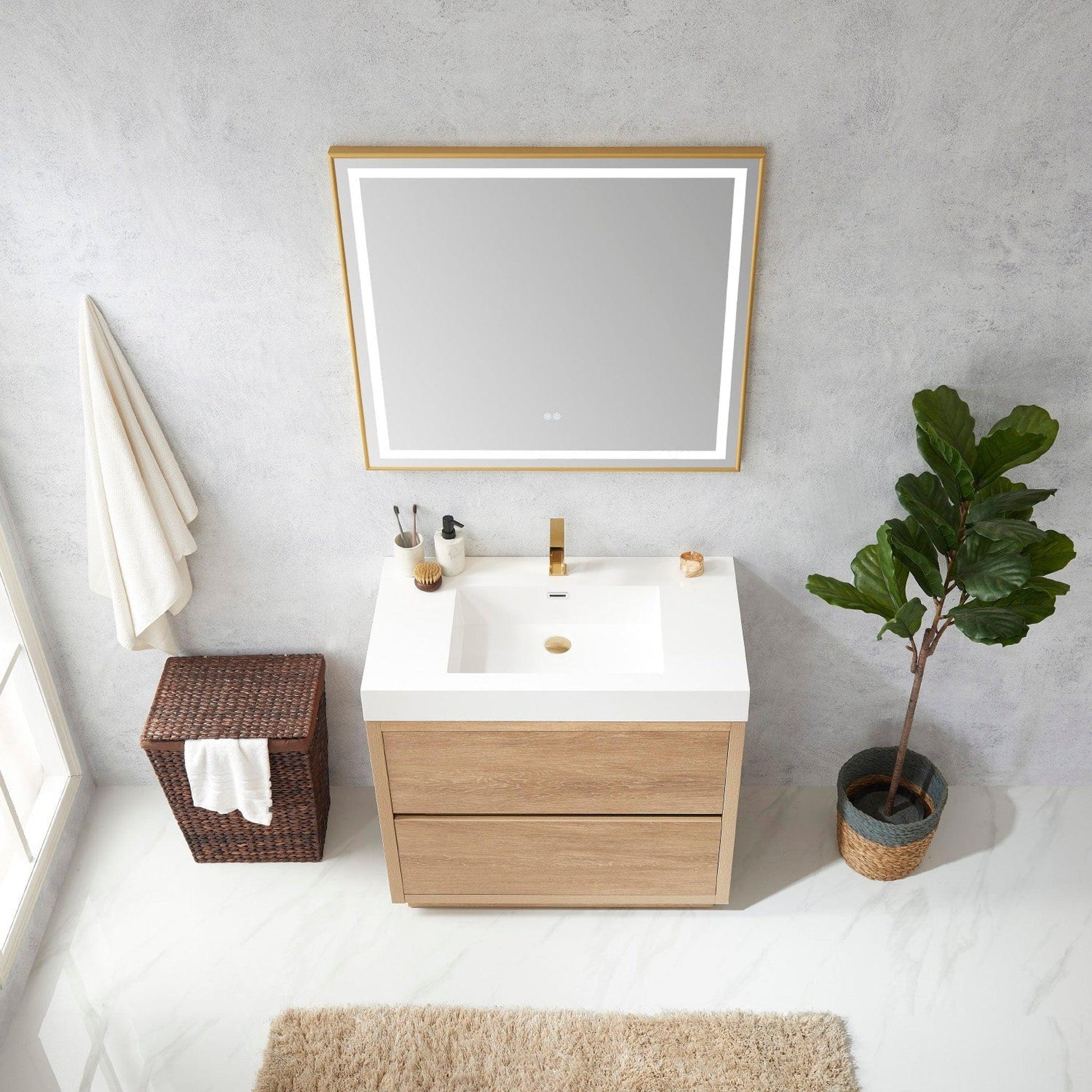 Vinnova Huesca 36" Single Sink Bath Vanity In North American Oak With White Composite Integral Square Sink Top And Mirror