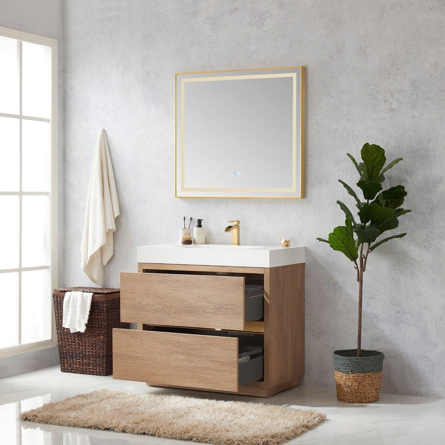 Vinnova Huesca 36" Single Sink Bath Vanity In North American Oak With White Composite Integral Square Sink Top And Mirror