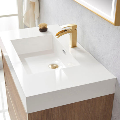 Vinnova Huesca 36" Single Sink Bath Vanity In North American Oak With White Composite Integral Square Sink Top And Mirror