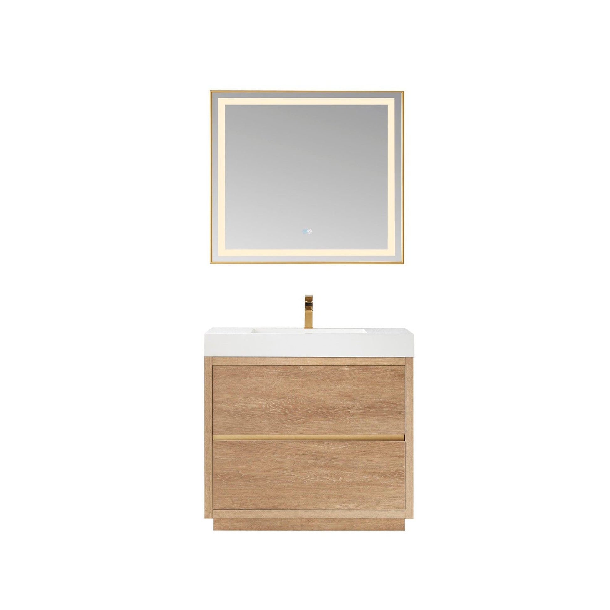 Vinnova Huesca 36" Single Sink Bath Vanity In North American Oak With White Composite Integral Square Sink Top And Mirror