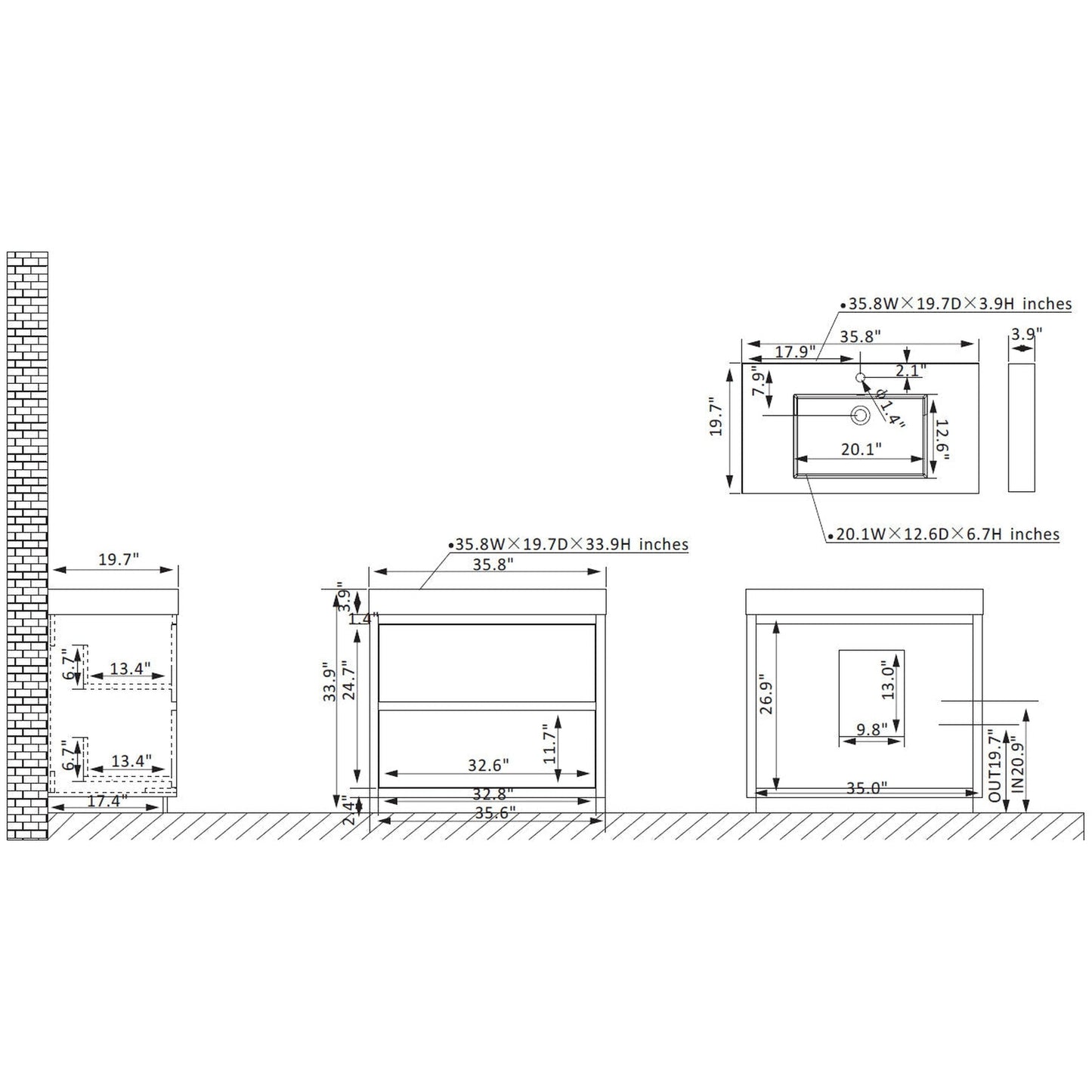 Vinnova Huesca 36" Single Sink Bath Vanity In North Carolina Oak With Grey Composite Integral Square Sink Top