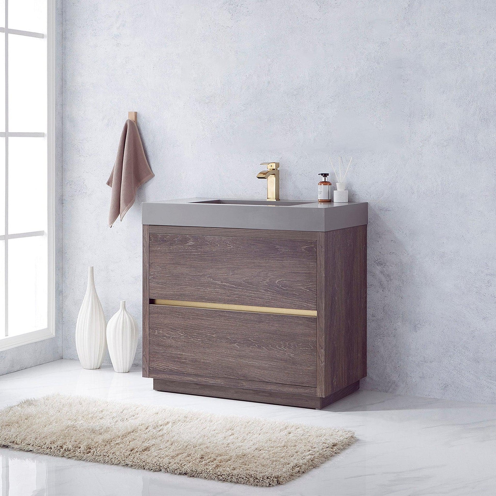 Vinnova Huesca 36" Single Sink Bath Vanity In North Carolina Oak With Grey Composite Integral Square Sink Top