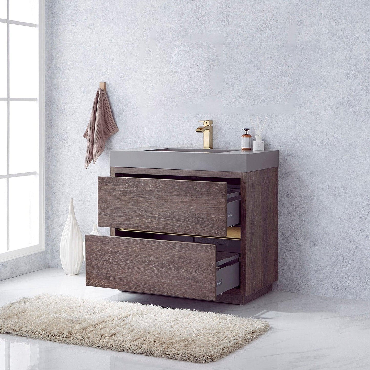 Vinnova Huesca 36" Single Sink Bath Vanity In North Carolina Oak With Grey Composite Integral Square Sink Top