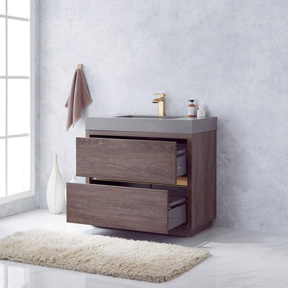 Vinnova Huesca 36" Single Sink Bath Vanity In North Carolina Oak With Grey Composite Integral Square Sink Top