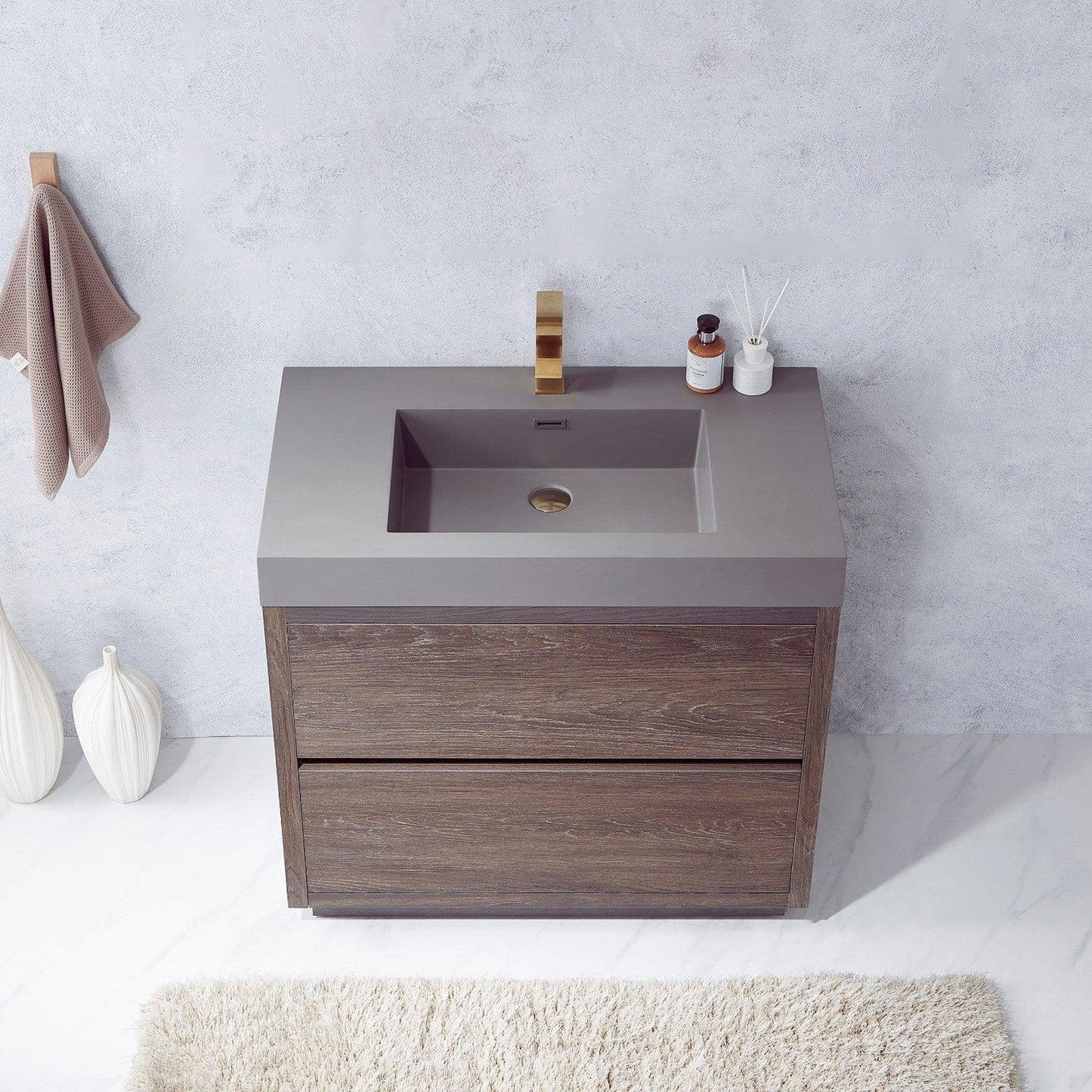 Vinnova Huesca 36" Single Sink Bath Vanity In North Carolina Oak With Grey Composite Integral Square Sink Top
