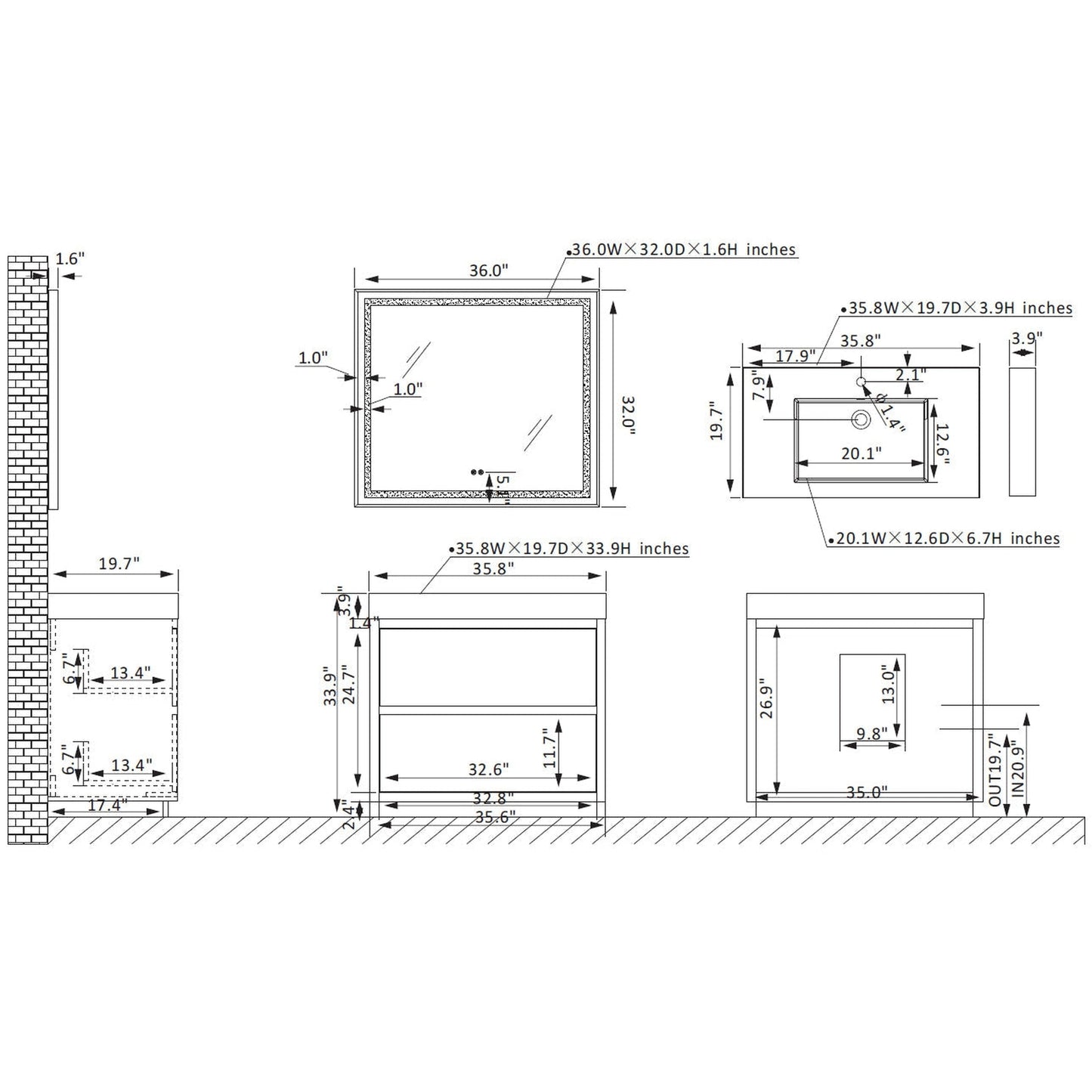 Vinnova Huesca 36" Single Sink Bath Vanity In North Carolina Oak With Grey Composite Integral Square Sink Top And Mirror