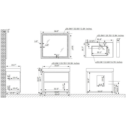 Vinnova Huesca 36" Single Sink Bath Vanity In North Carolina Oak With Grey Composite Integral Square Sink Top And Mirror