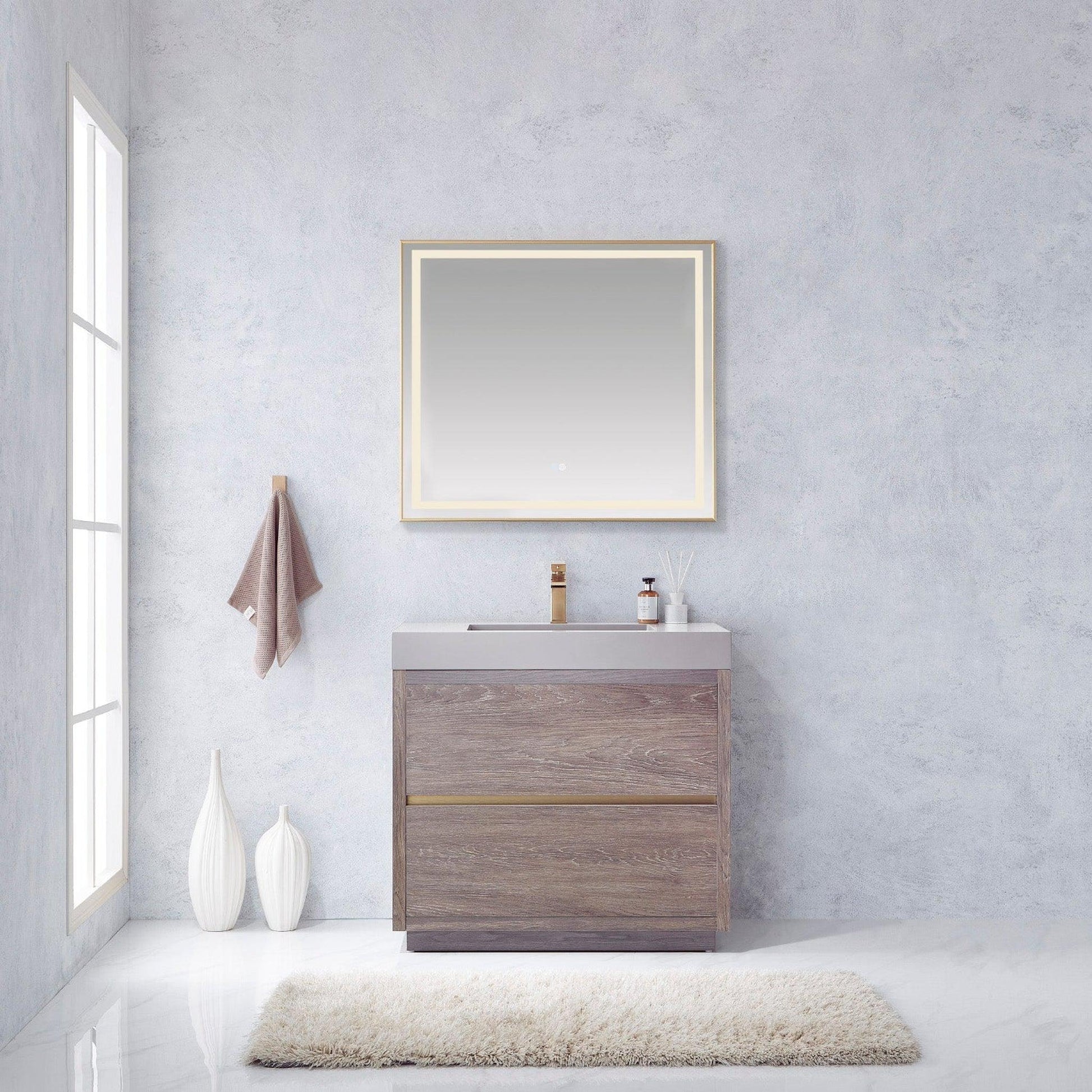 Vinnova Huesca 36" Single Sink Bath Vanity In North Carolina Oak With Grey Composite Integral Square Sink Top And Mirror