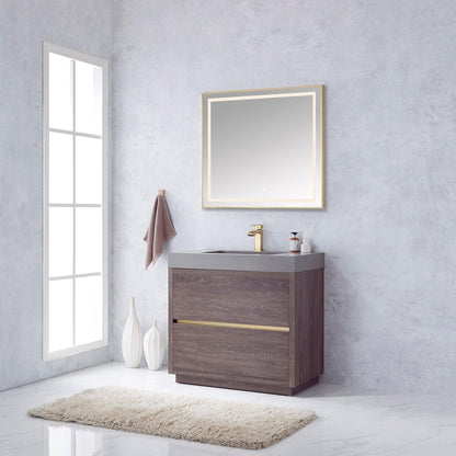 Vinnova Huesca 36" Single Sink Bath Vanity In North Carolina Oak With Grey Composite Integral Square Sink Top And Mirror