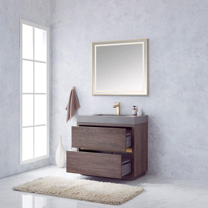 Vinnova Huesca 36" Single Sink Bath Vanity In North Carolina Oak With Grey Composite Integral Square Sink Top And Mirror