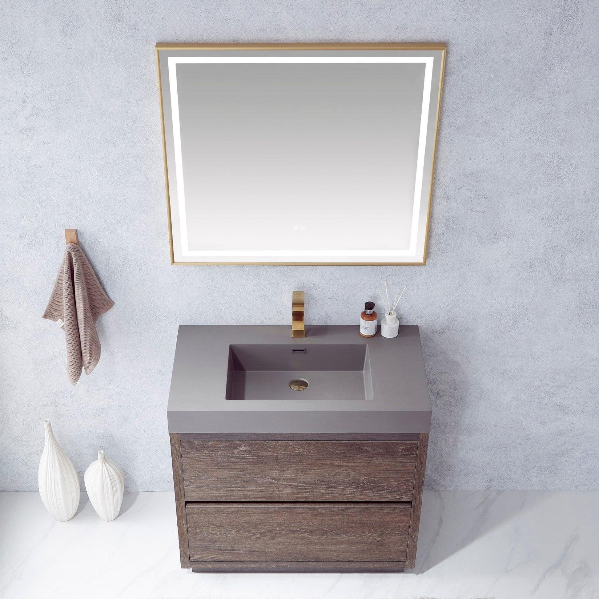 Vinnova Huesca 36" Single Sink Bath Vanity In North Carolina Oak With Grey Composite Integral Square Sink Top And Mirror