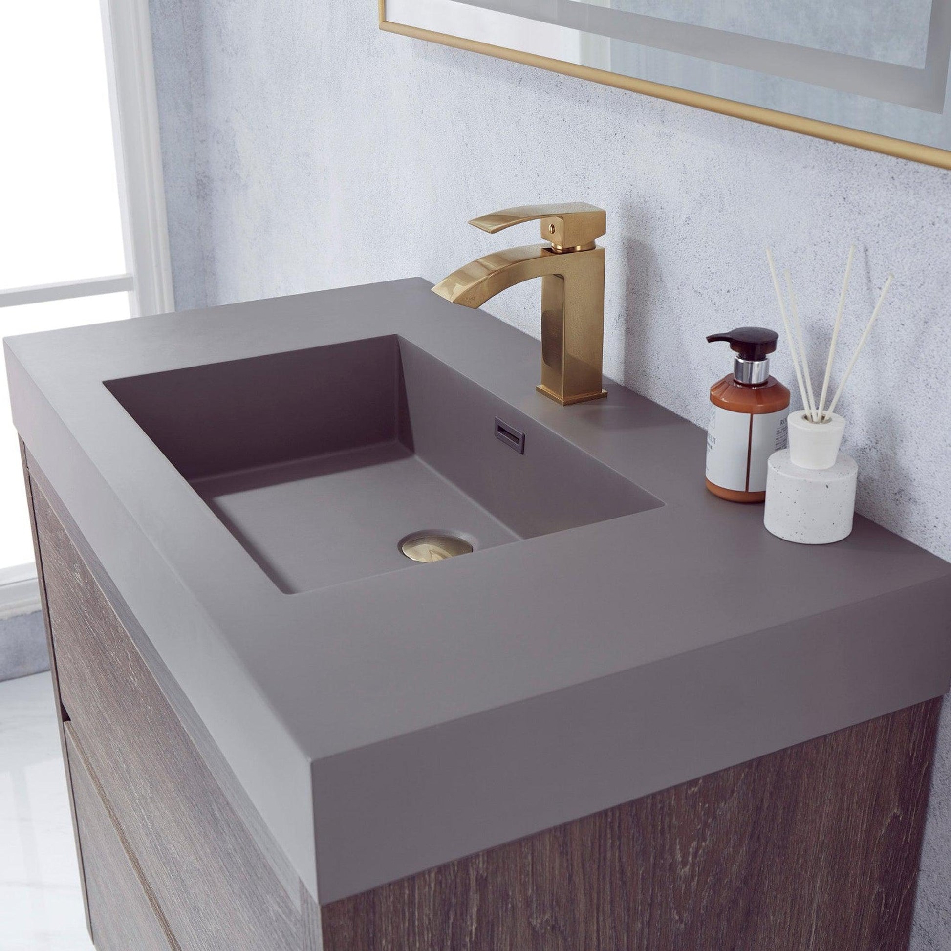 Vinnova Huesca 36" Single Sink Bath Vanity In North Carolina Oak With Grey Composite Integral Square Sink Top And Mirror