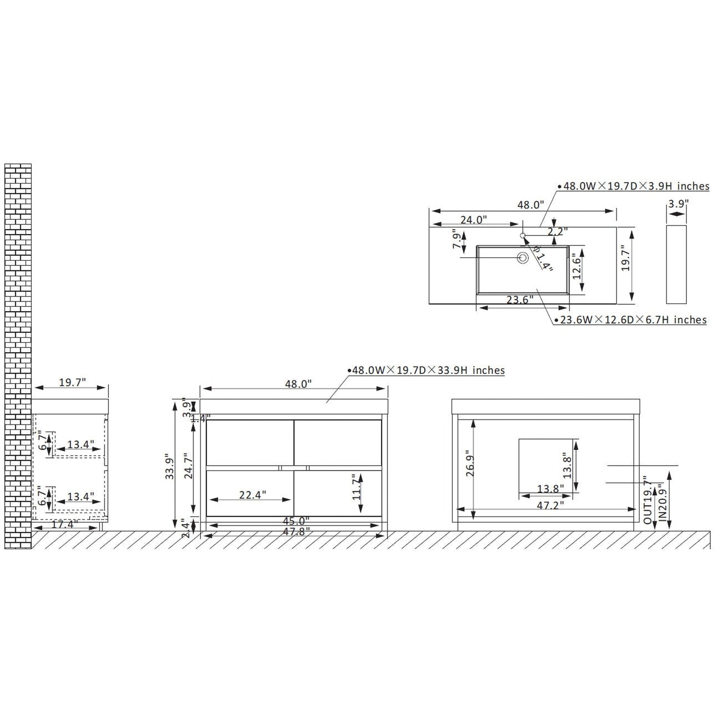 Vinnova Huesca 48" Single Sink Bath Vanity In North American Oak With White Composite Integral Square Sink Top