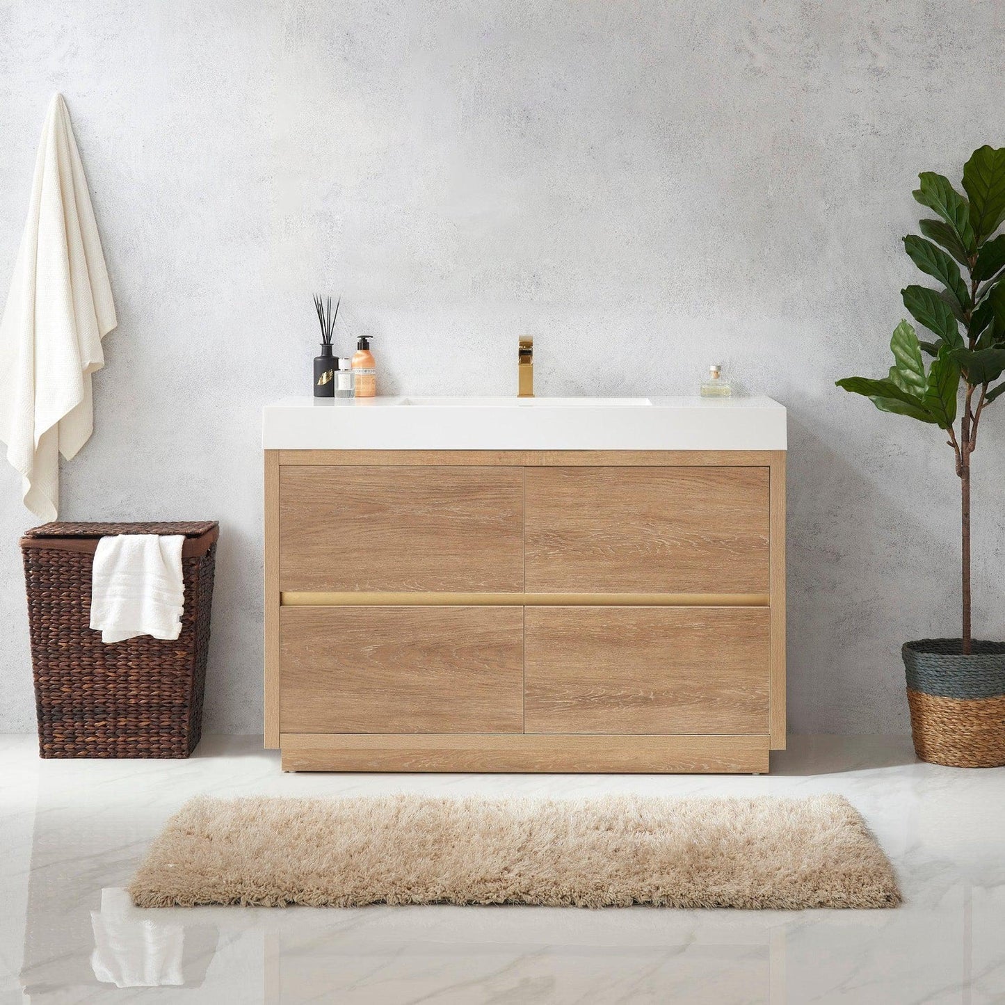 Vinnova Huesca 48" Single Sink Bath Vanity In North American Oak With White Composite Integral Square Sink Top