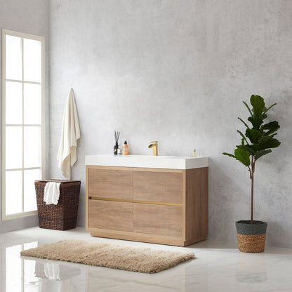 Vinnova Huesca 48" Single Sink Bath Vanity In North American Oak With White Composite Integral Square Sink Top