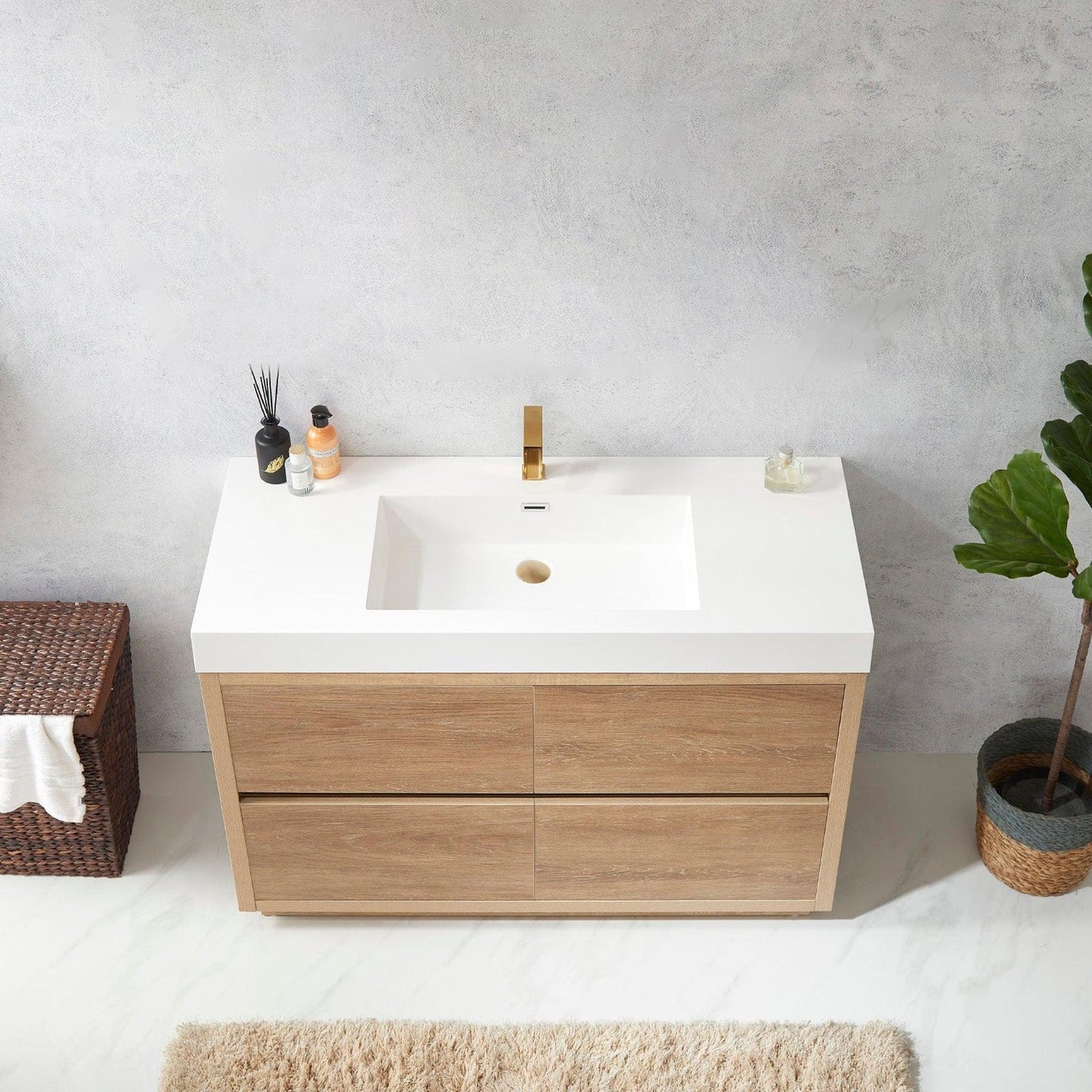 Vinnova Huesca 48" Single Sink Bath Vanity In North American Oak With White Composite Integral Square Sink Top