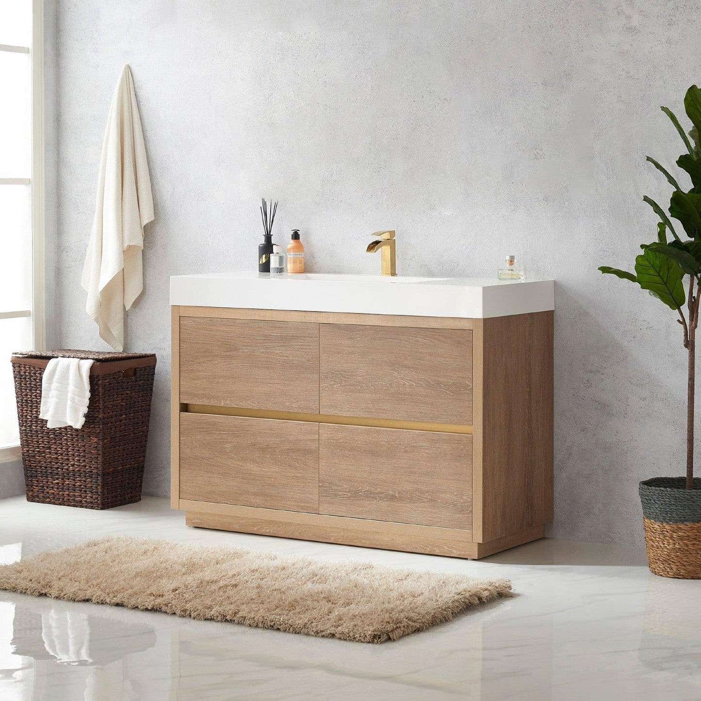 Vinnova Huesca 48" Single Sink Bath Vanity In North American Oak With White Composite Integral Square Sink Top