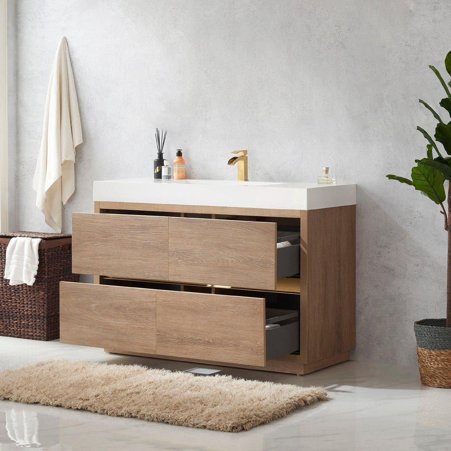 Vinnova Huesca 48" Single Sink Bath Vanity In North American Oak With White Composite Integral Square Sink Top