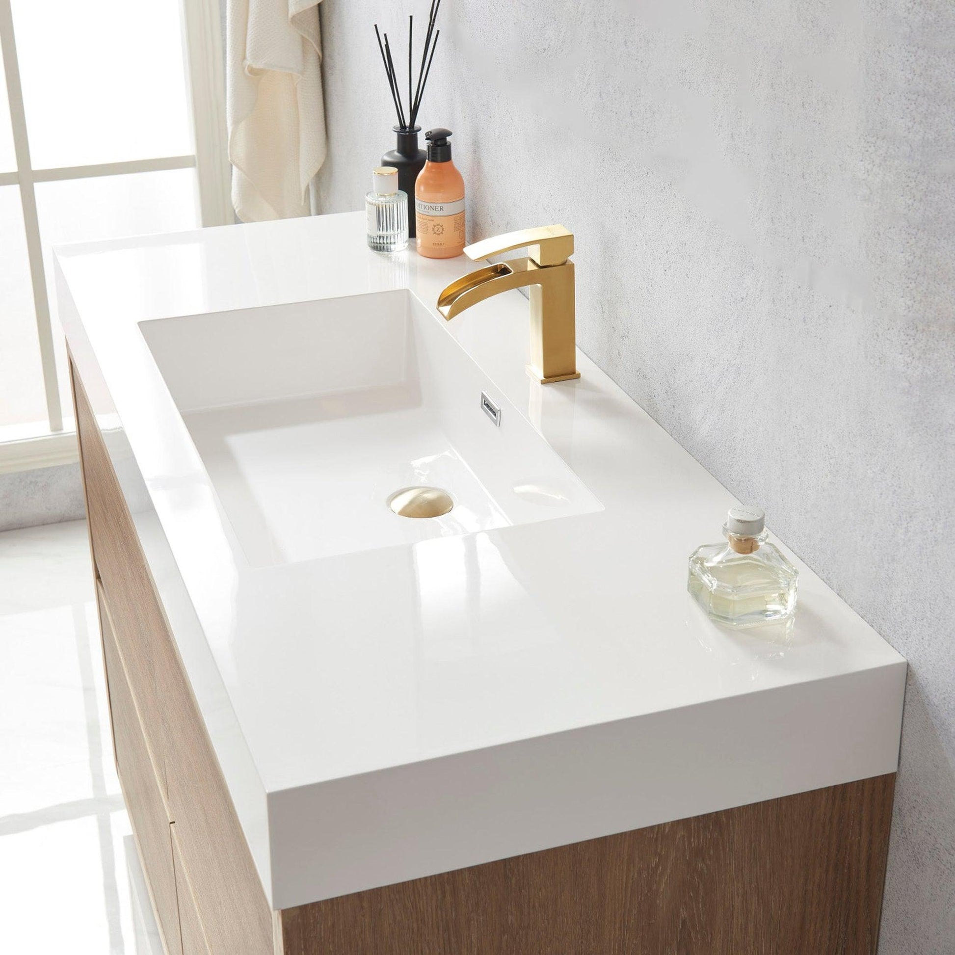 Vinnova Huesca 48" Single Sink Bath Vanity In North American Oak With White Composite Integral Square Sink Top