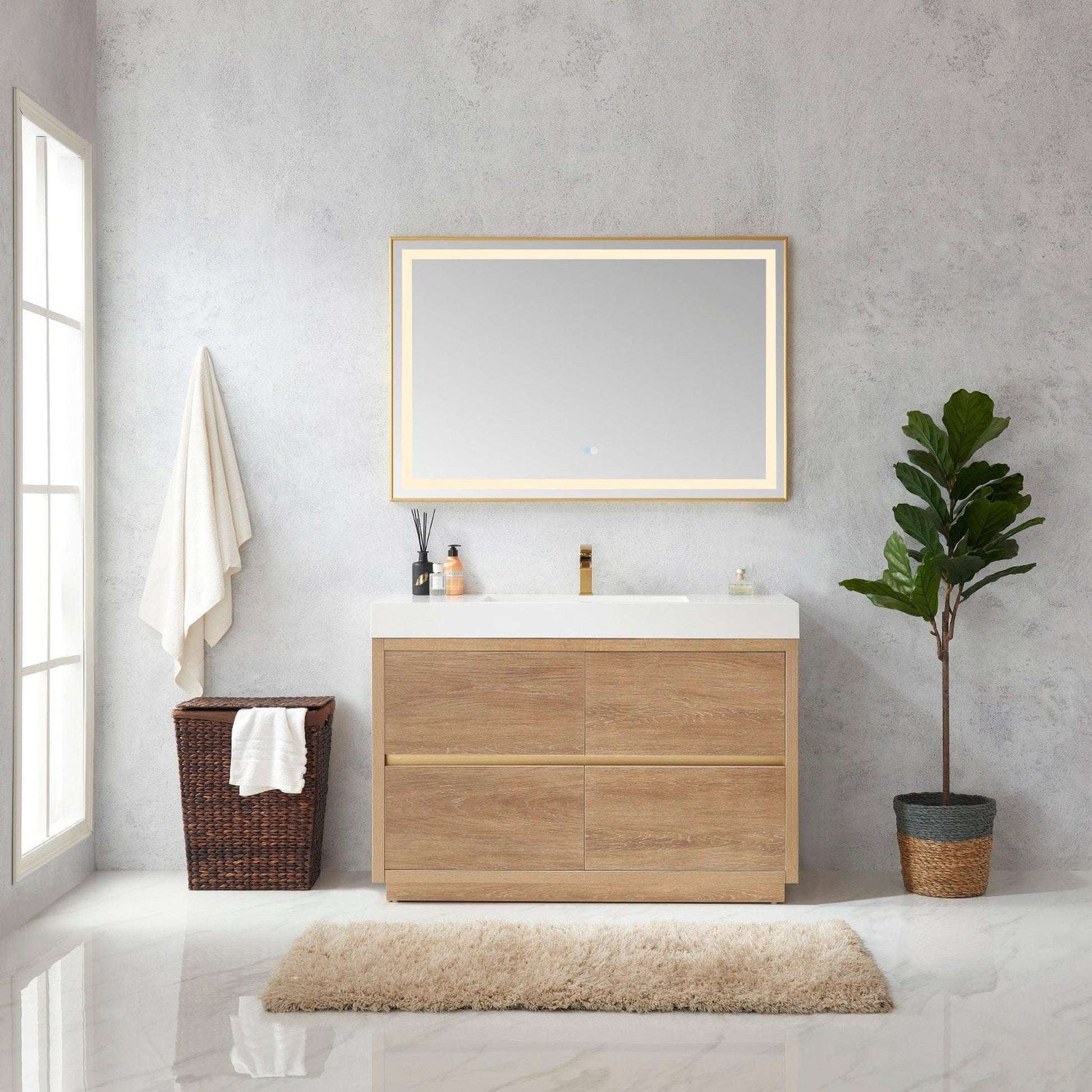 Vinnova Huesca 48" Single Sink Bath Vanity In North American Oak With White Composite Integral Square Sink Top And Mirror