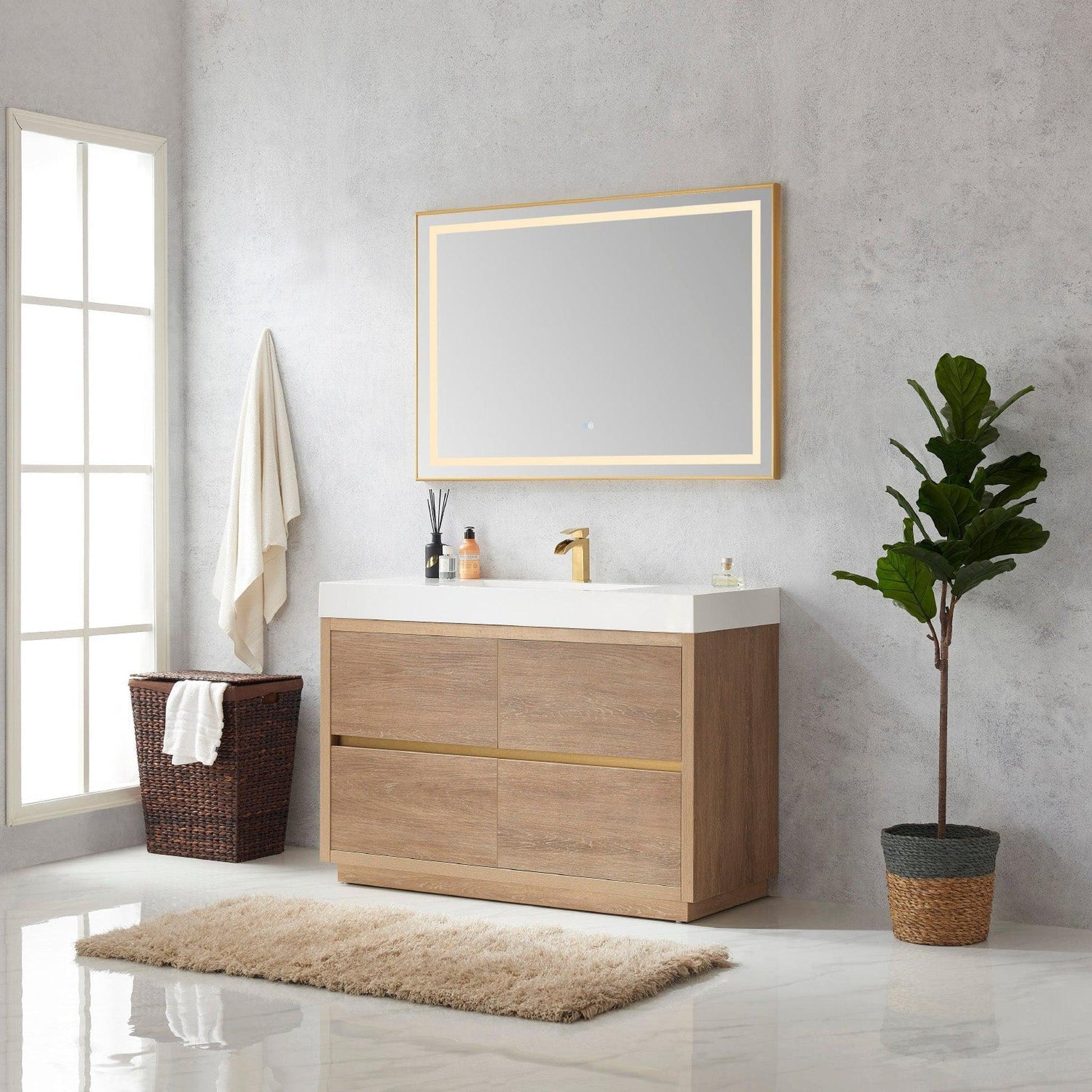 Vinnova Huesca 48" Single Sink Bath Vanity In North American Oak With White Composite Integral Square Sink Top And Mirror