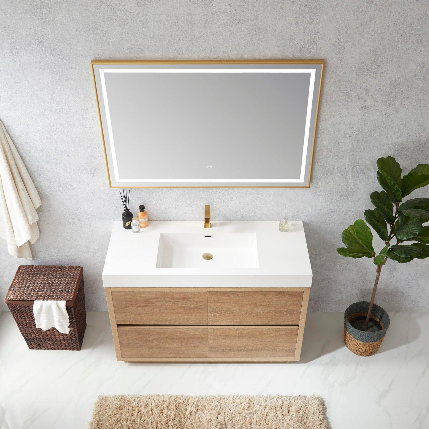 Vinnova Huesca 48" Single Sink Bath Vanity In North American Oak With White Composite Integral Square Sink Top And Mirror