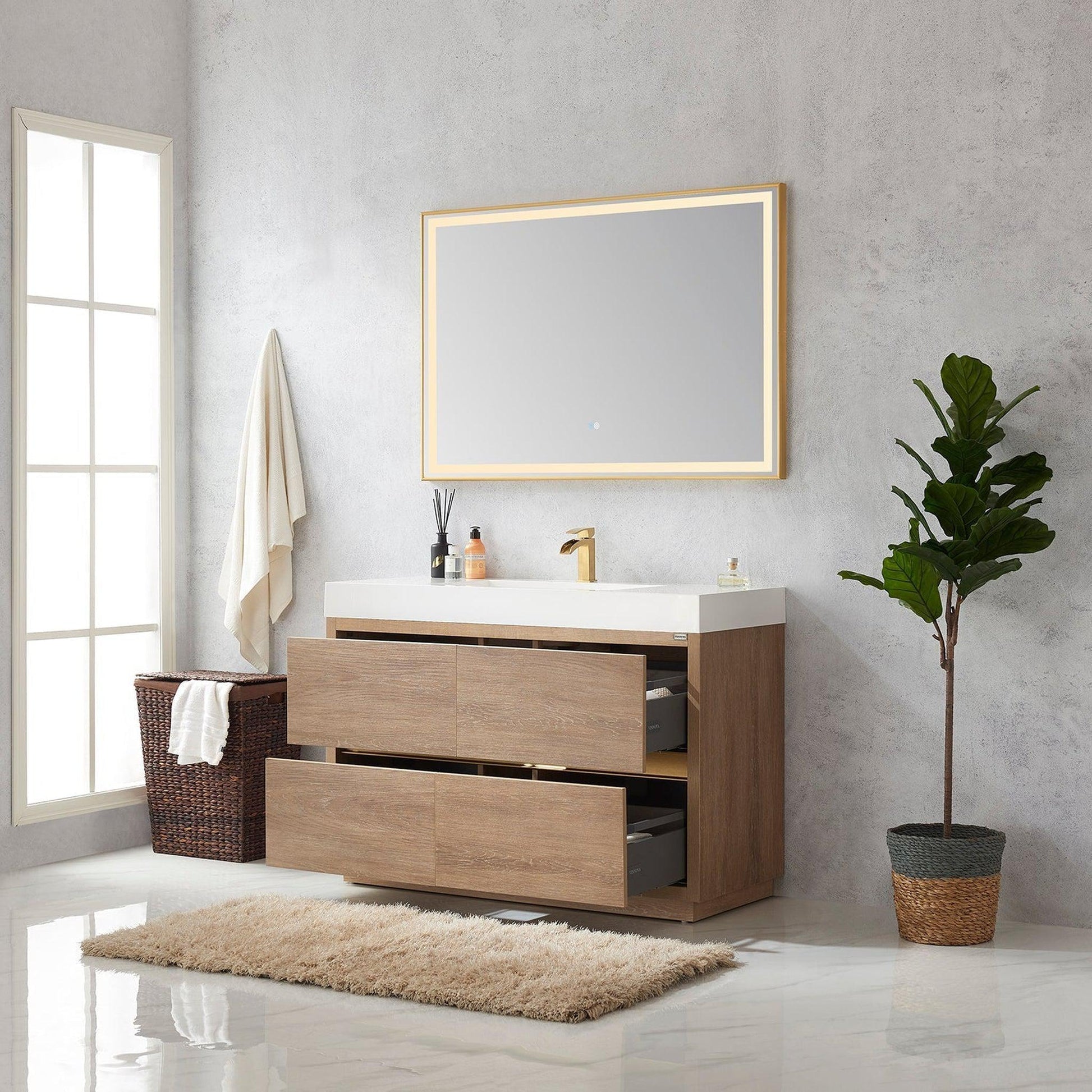 Vinnova Huesca 48" Single Sink Bath Vanity In North American Oak With White Composite Integral Square Sink Top And Mirror