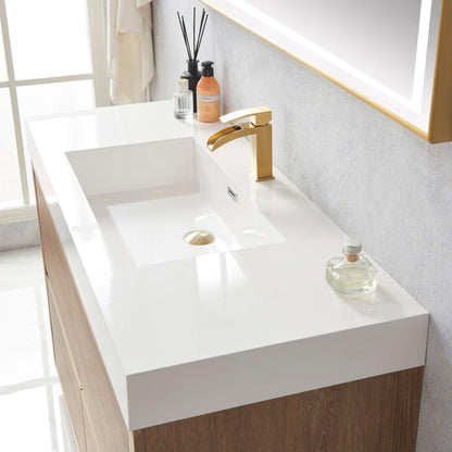 Vinnova Huesca 48" Single Sink Bath Vanity In North American Oak With White Composite Integral Square Sink Top And Mirror