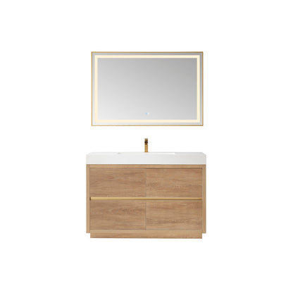 Vinnova Huesca 48" Single Sink Bath Vanity In North American Oak With White Composite Integral Square Sink Top And Mirror