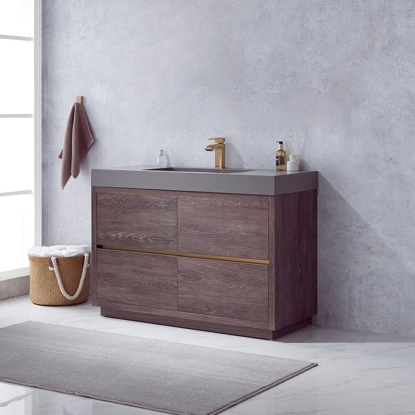 Vinnova Huesca 48" Single Sink Bath Vanity In North Carolina Oak With Grey Composite Integral Square Sink Top