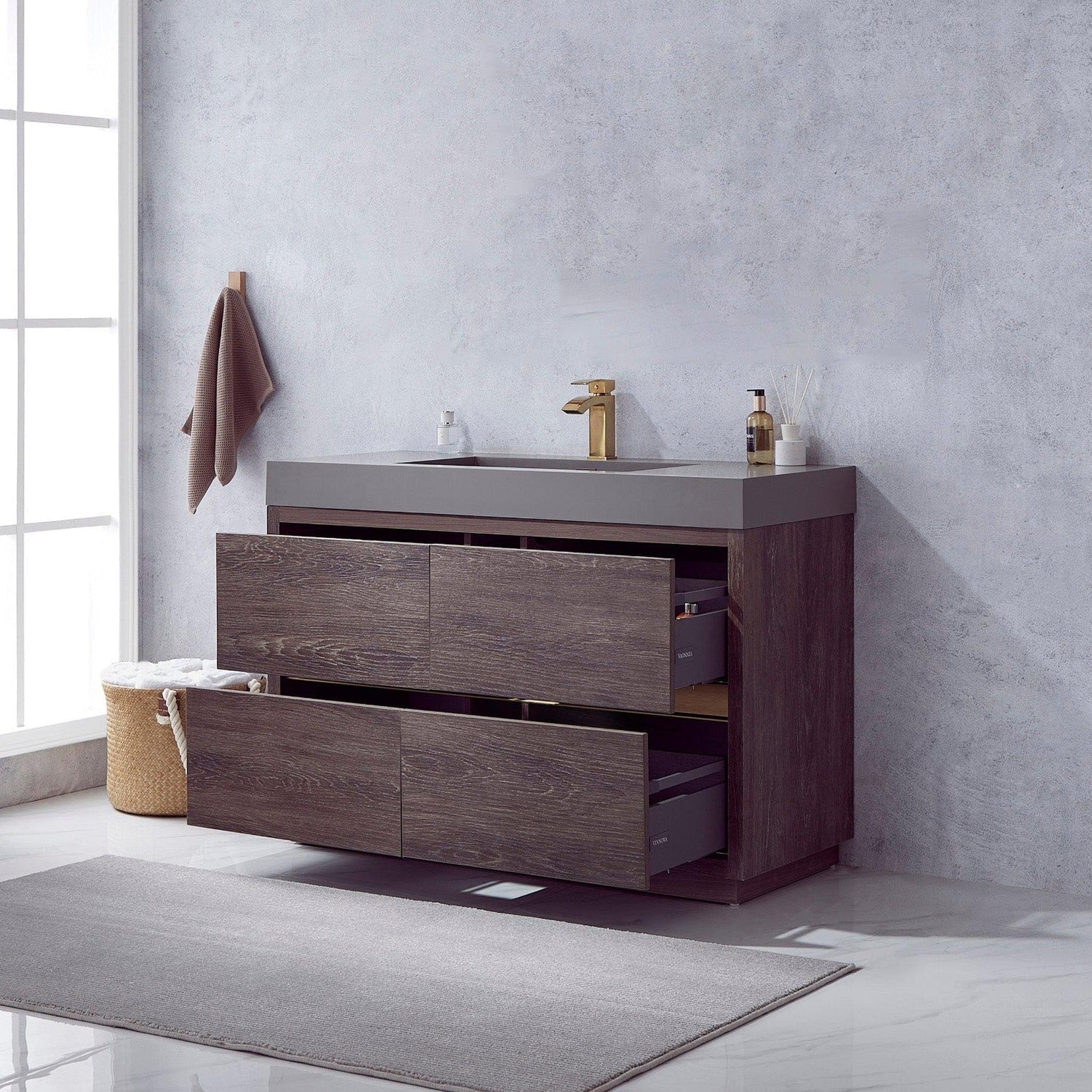 Vinnova Huesca 48" Single Sink Bath Vanity In North Carolina Oak With Grey Composite Integral Square Sink Top