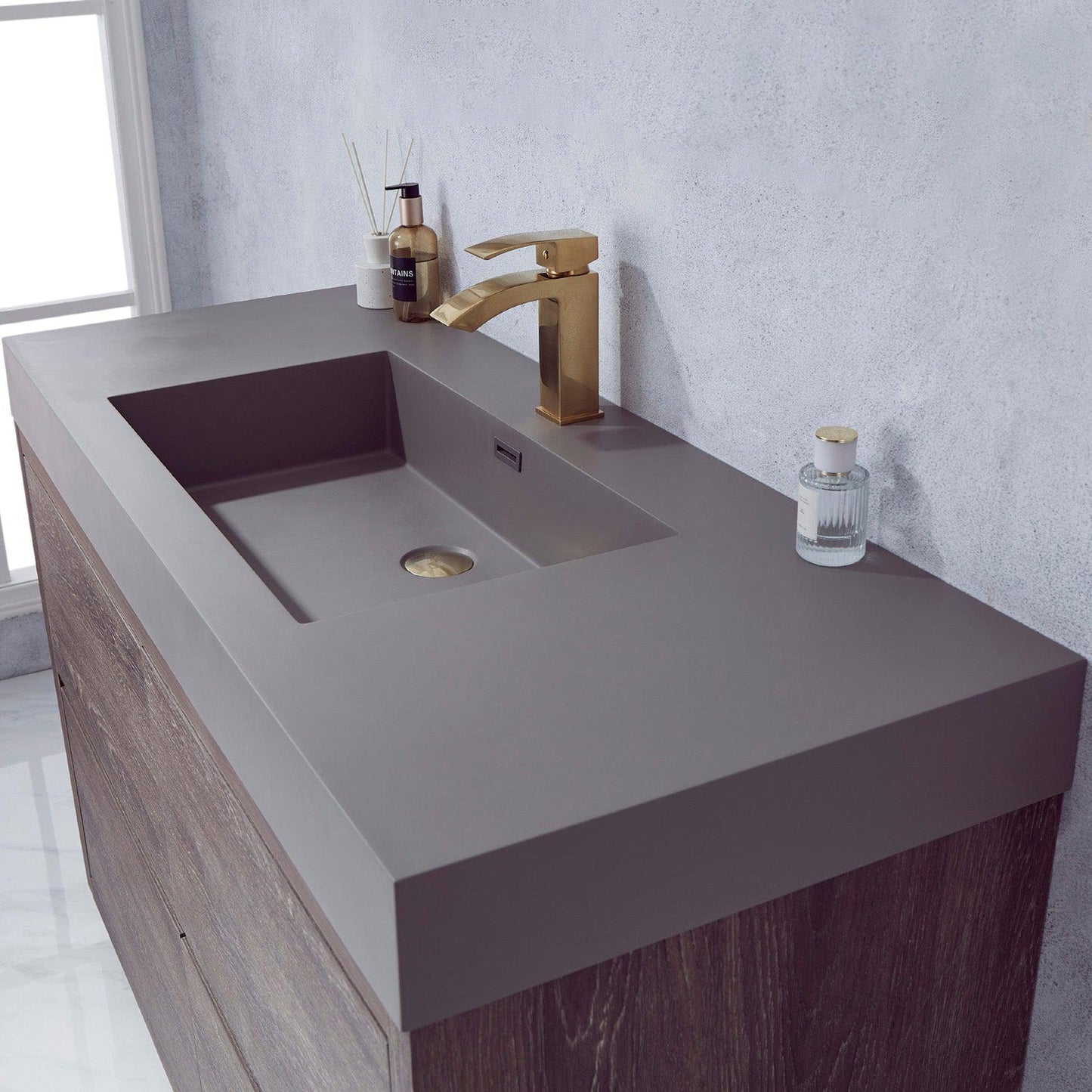 Vinnova Huesca 48" Single Sink Bath Vanity In North Carolina Oak With Grey Composite Integral Square Sink Top