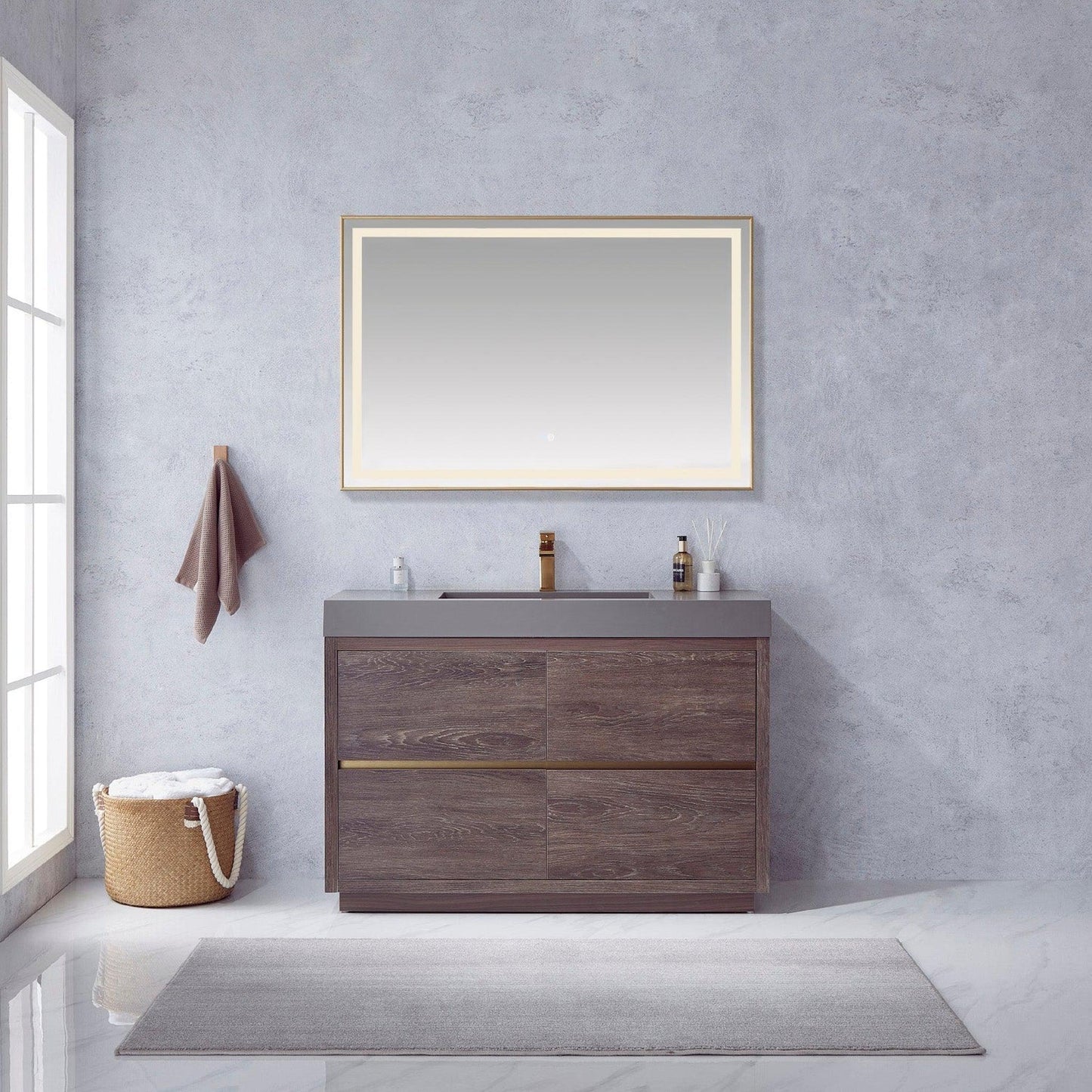 Vinnova Huesca 48" Single Sink Bath Vanity In North Carolina Oak With Grey Composite Integral Square Sink Top And Mirror