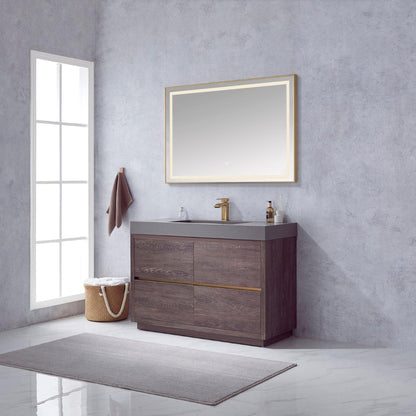 Vinnova Huesca 48" Single Sink Bath Vanity In North Carolina Oak With Grey Composite Integral Square Sink Top And Mirror