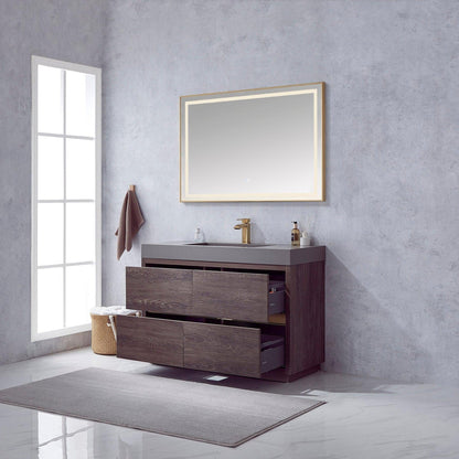 Vinnova Huesca 48" Single Sink Bath Vanity In North Carolina Oak With Grey Composite Integral Square Sink Top And Mirror